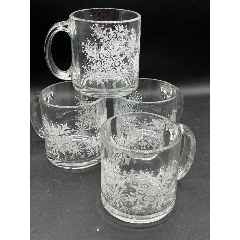 Crate & Barrel Set Of 4 Snowflake White And Clear Glass Mugs Made In USA